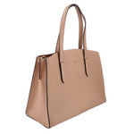 Tan leather carryall tote with long handles and side zipper pocket