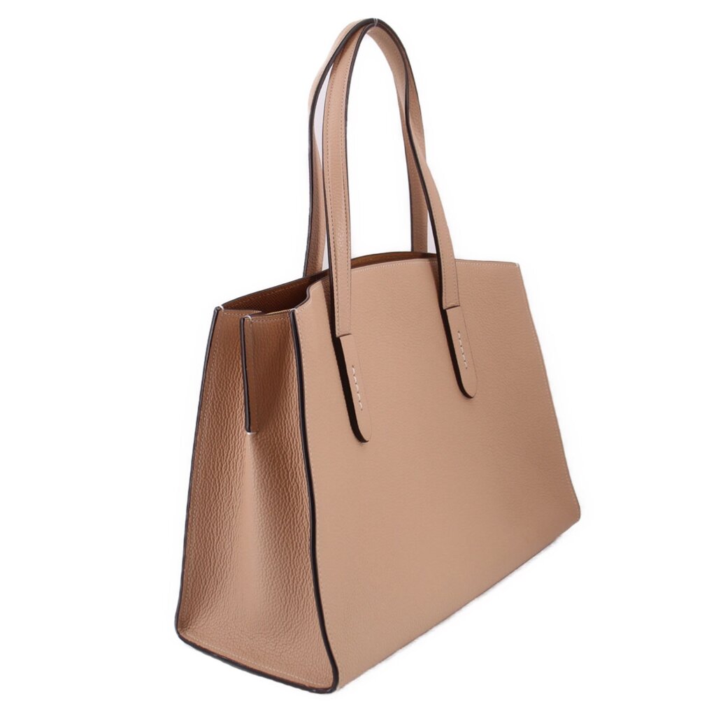Tan leather carryall tote with side pocket and long top handles