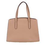 Tan leather carryall tote with two top handles and slim front branding