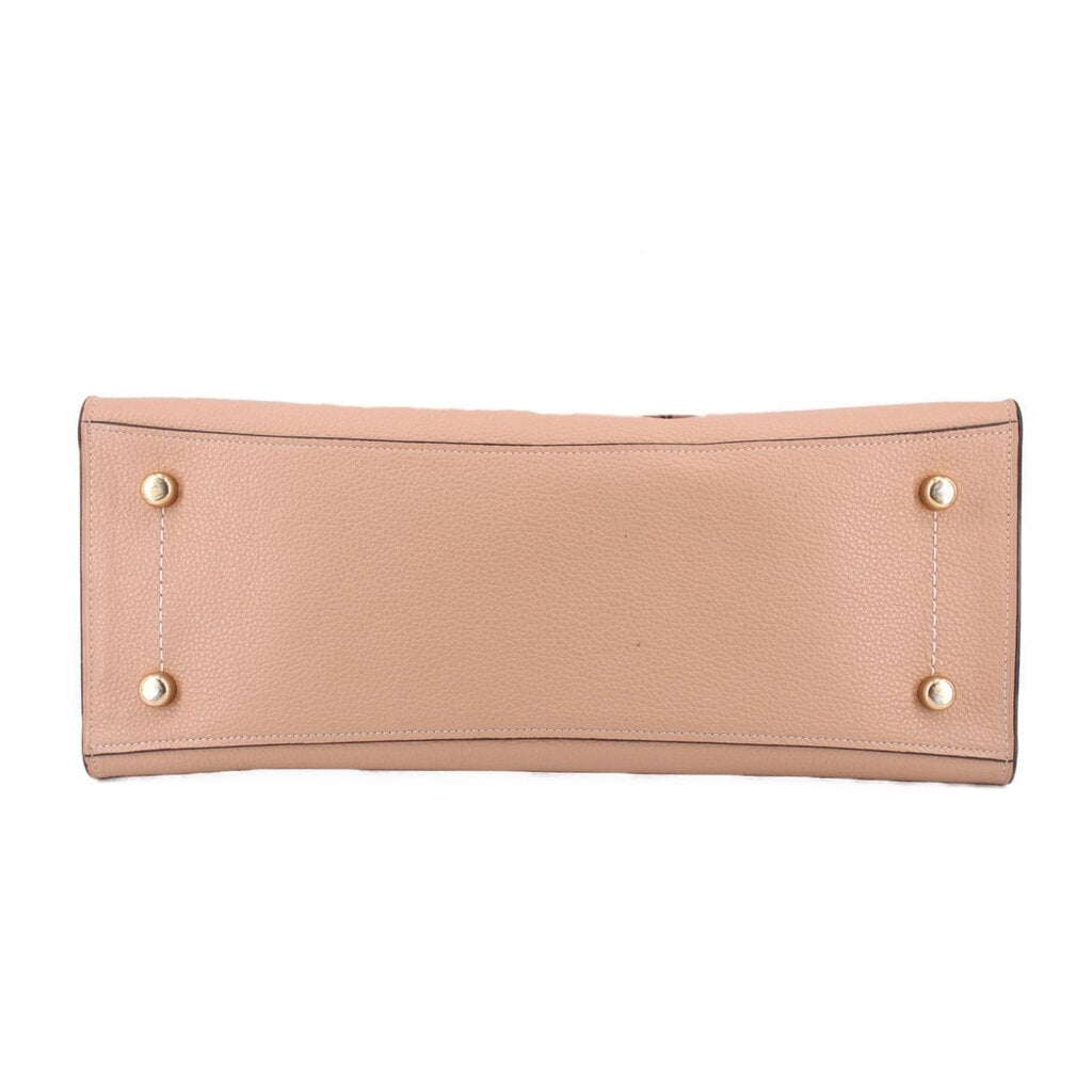 Tan leather tote with front tab and three snap buttons