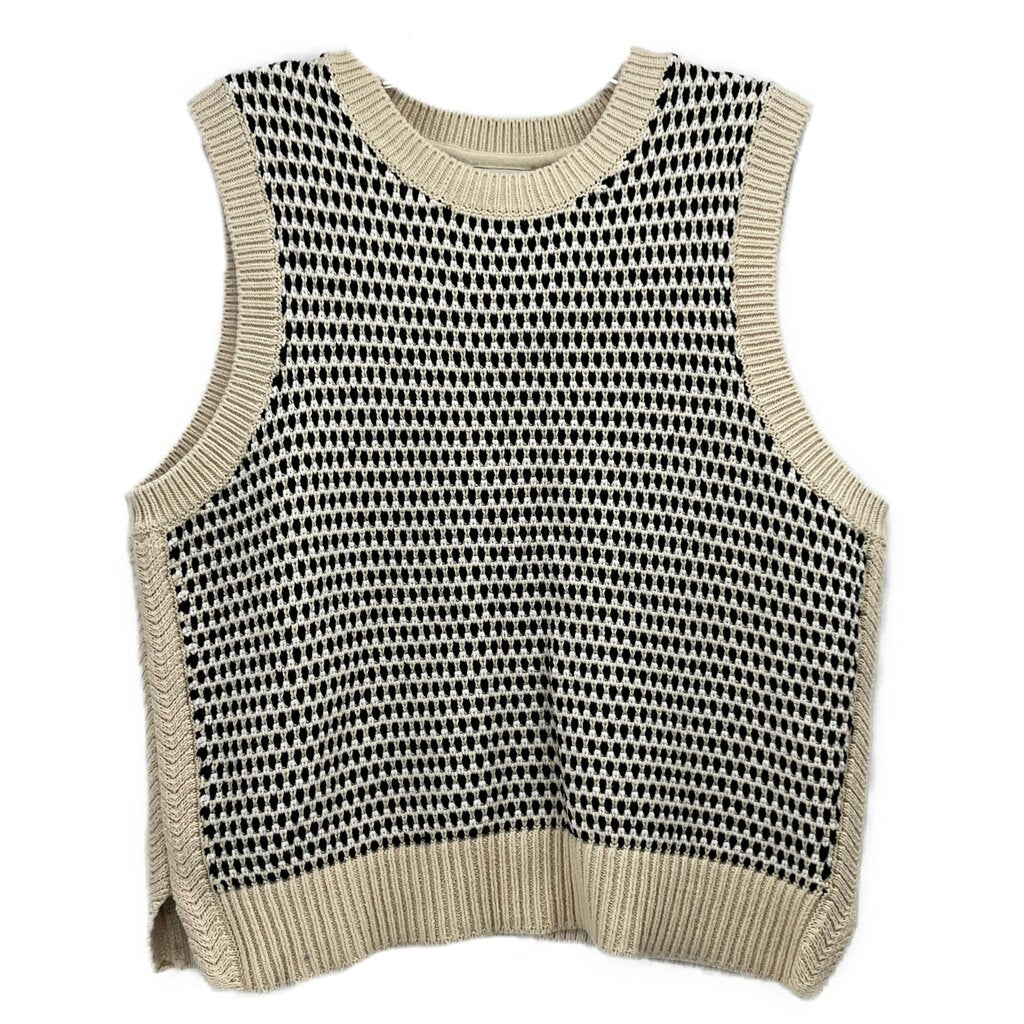 Cream and black sleeveless knit top with ribbed crew neck and hem