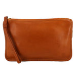 Tan leather clutch bag with wrist strap and top zipper, rounded corners.