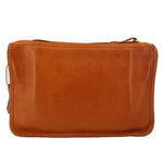 Tan leather clutch bag with top zipper and side zip pull, rectangular shape.