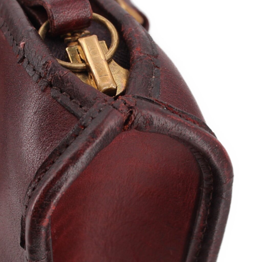 Slim satchel zipper pull with gold-tone hardware and burgundy leather strap