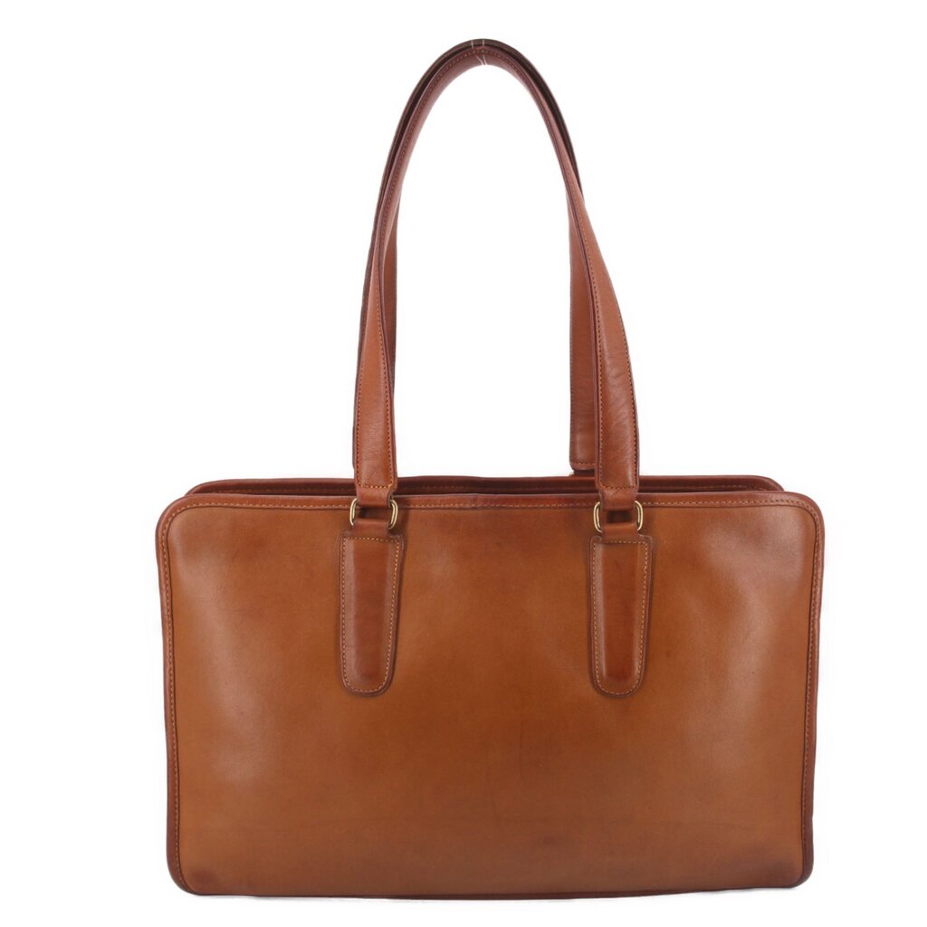 British tan leather tote bag with two top handles and open rectangular body