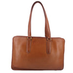 British tan leather tote bag with two top handles and wide open top