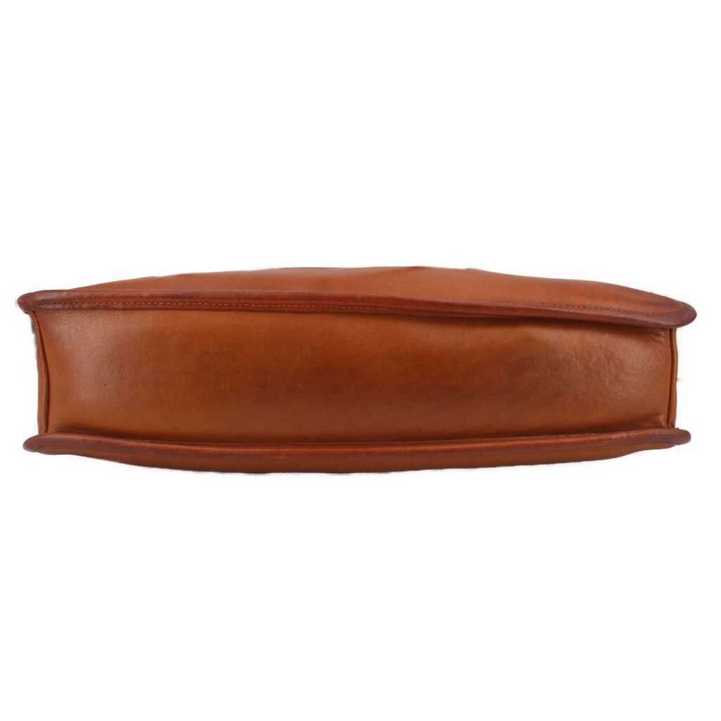 British tan leather tote bag end view with smooth top and stitched seam