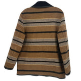 Brown striped jacket back view with dark collar and button placket