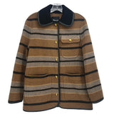 Brown striped button-front jacket with dark collar and chest pockets