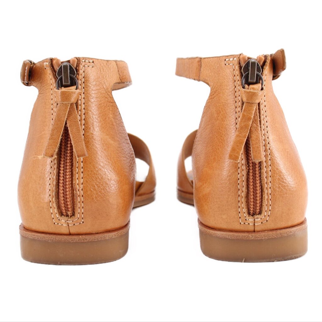 Leather sandals with rear zipper and ankle strap, tan-brown, low flat heel