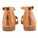 Leather sandals with rear zipper and ankle strap, tan-brown, low flat heel