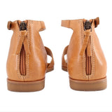 Leather sandals with rear zipper and ankle strap, tan-brown, low flat heel