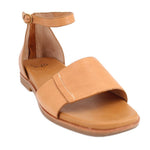 Leather open-toe sandals with ankle strap and buckle, tan-brown, flat sole