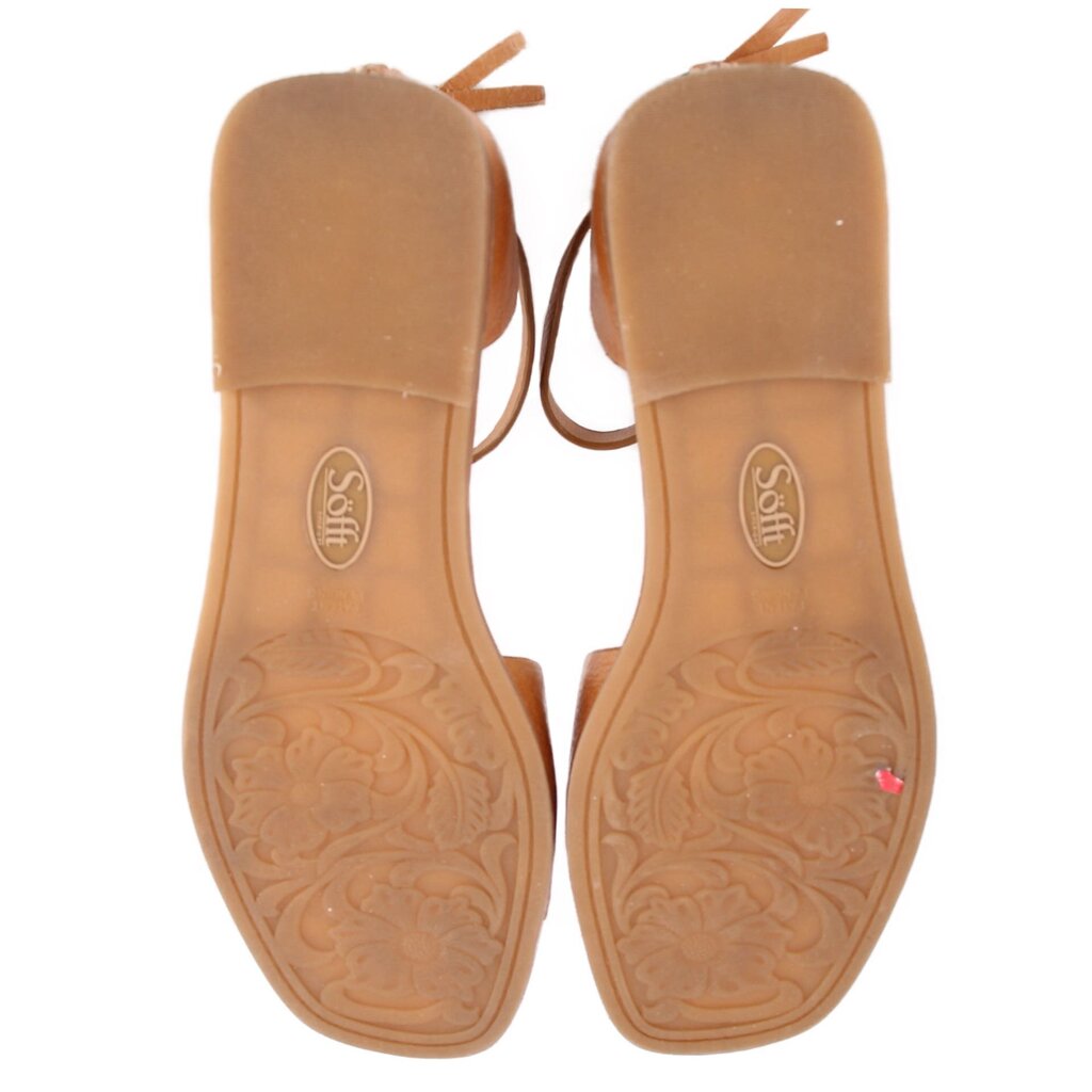 Leather sandal outsoles with embossed tread pattern and Sofft logo, tan-brown