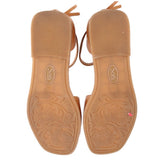 Leather sandal outsoles with embossed tread pattern and Sofft logo, tan-brown