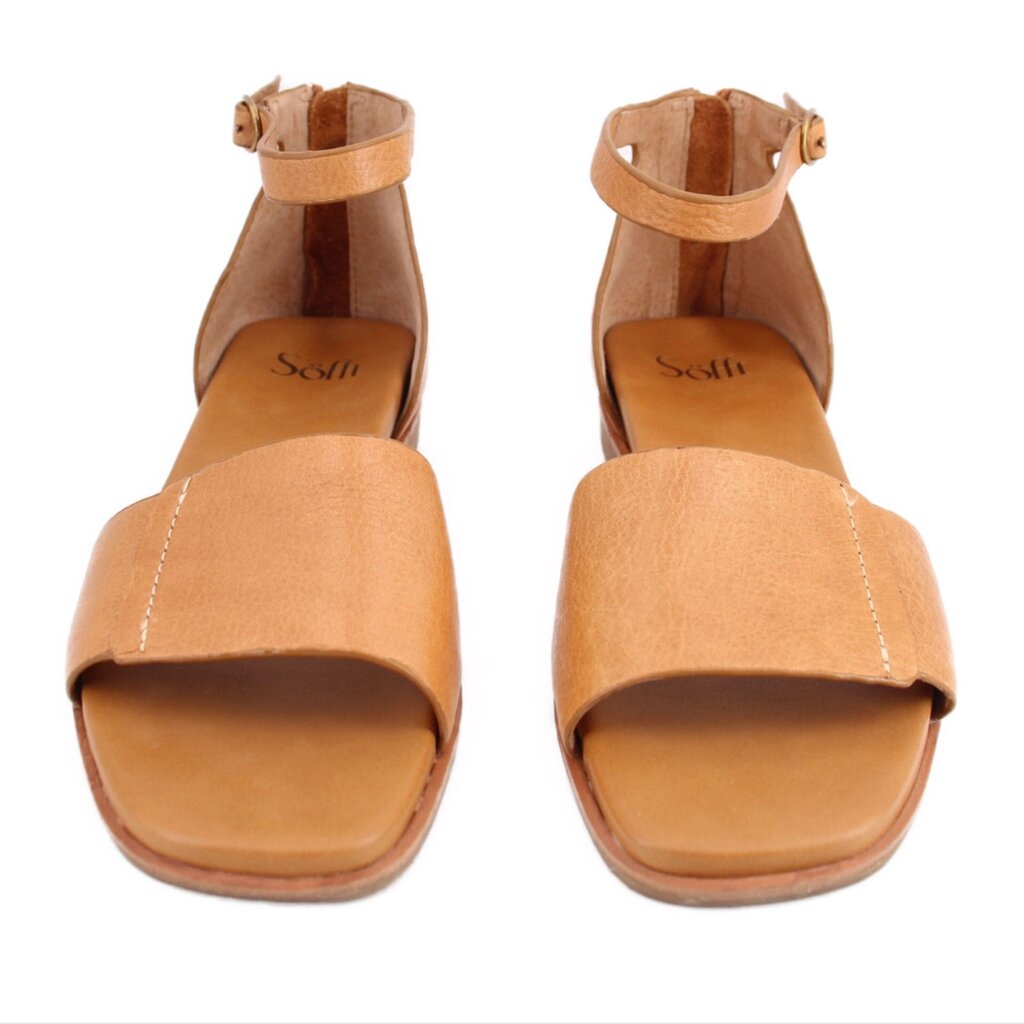 Leather open-toe sandals with ankle strap and buckle, tan-brown, cushioned footbed