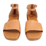 Leather open-toe sandals with ankle strap and buckle, tan-brown, cushioned footbed