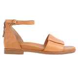 Leather sandals with wide toe strap and ankle strap, tan-brown, low flat sole