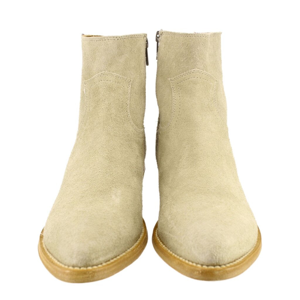 FRYE sage suede booties, side-zip detail with stitched round toe