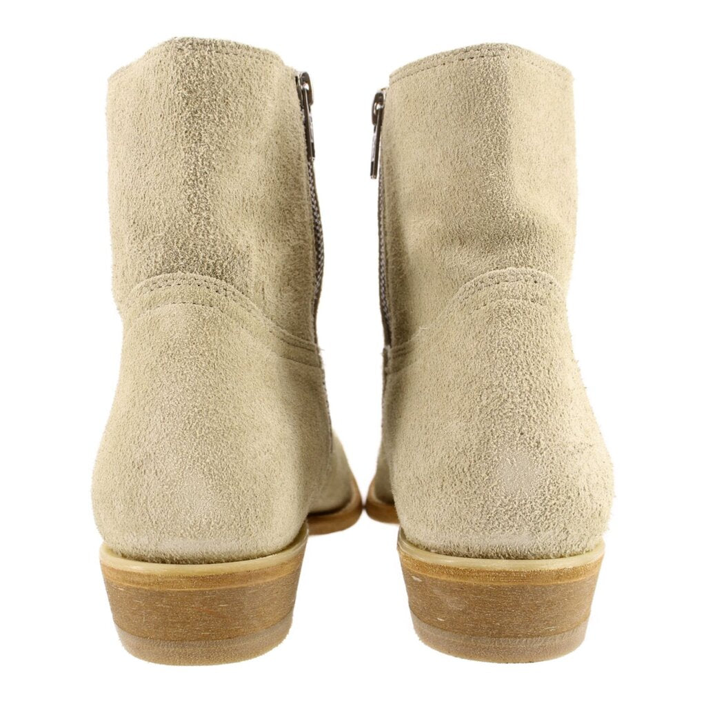 FRYE sage suede booties back view with heel and side zipper detail