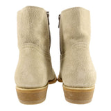 FRYE sage suede booties back view with heel and side zipper detail