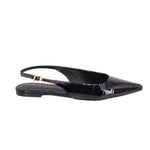 Black patent slingback flats with low heel and buckle ankle strap