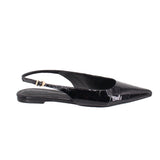 Black patent slingback flats with low heel and buckle ankle strap
