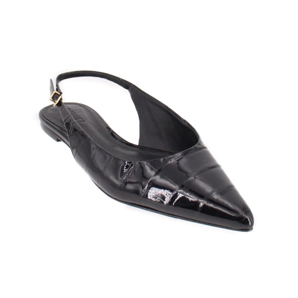 Black patent slingback flats with pointed toe and ankle strap