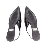 Black patent flats footbeds with printed size labels