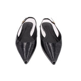 Black patent slingback flats shown from above, pointed toe and strap
