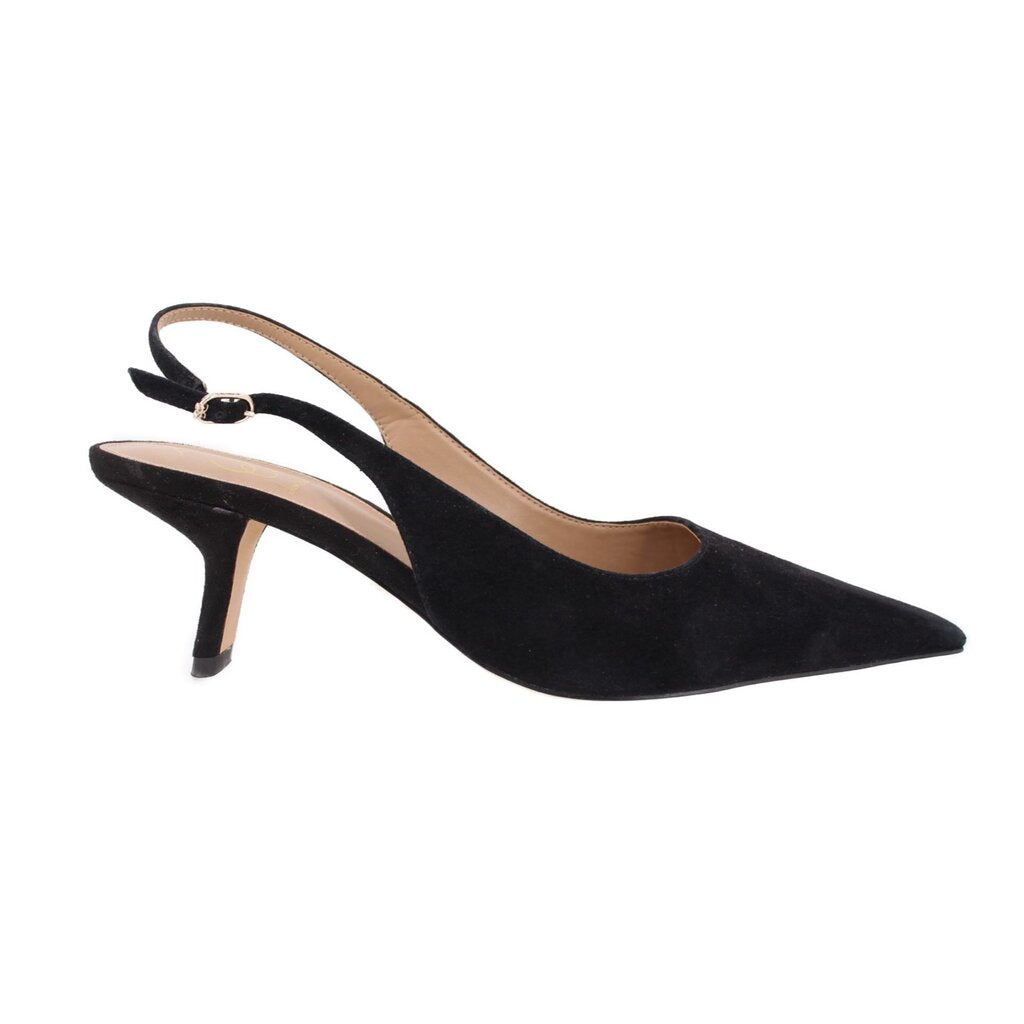 Black suede slingback heels with pointed toe and slim heel, adjustable buckle strap.