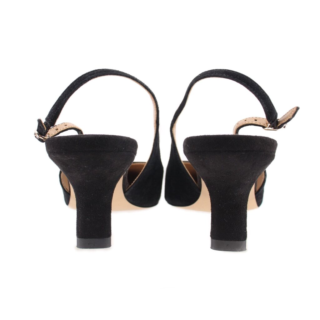 Back view of black suede slingback heels with mid-height heel and ankle strap.