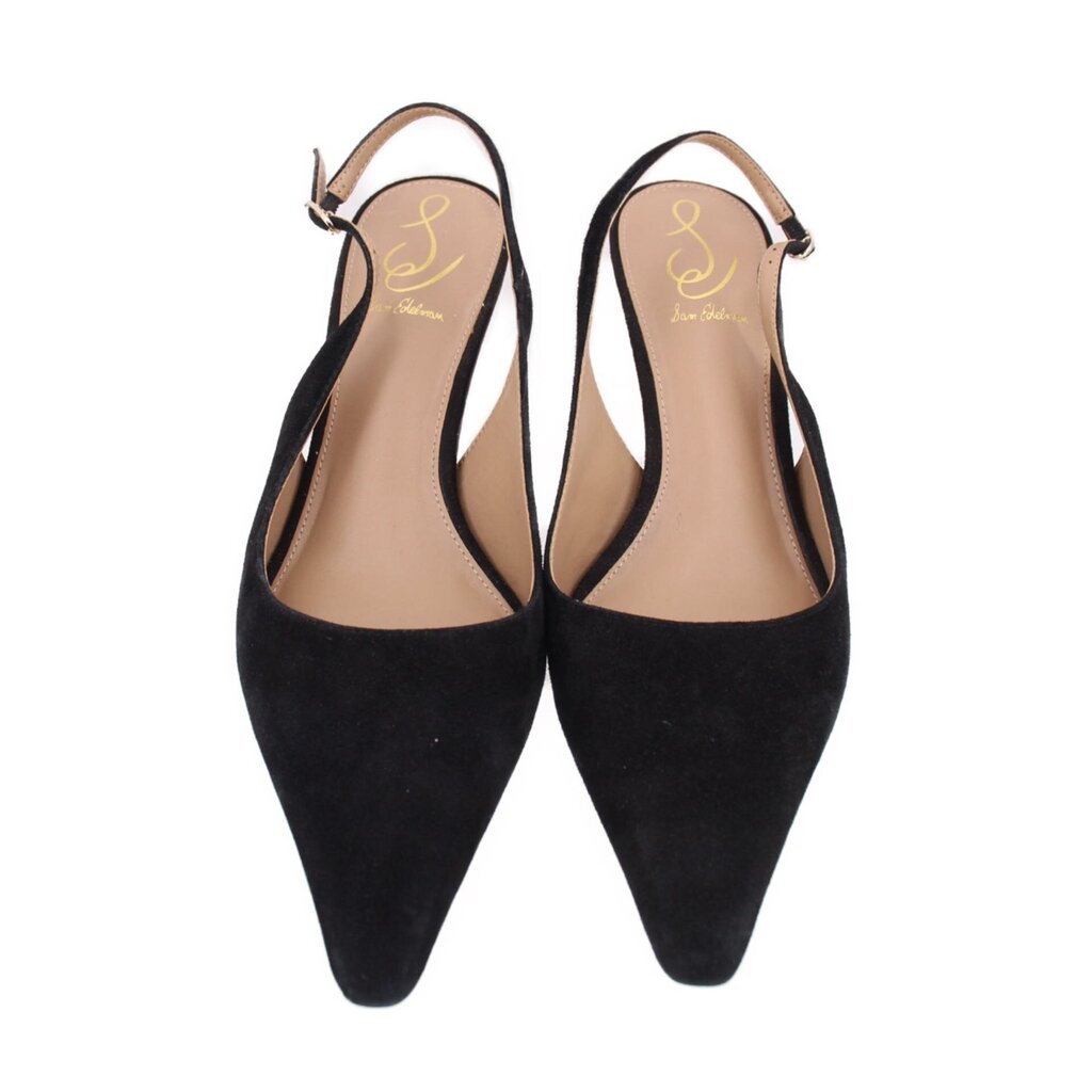Pair of black suede slingback heels, pointed toe, sling strap with gold-toned buckle.