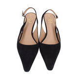 Pair of black suede slingback heels, pointed toe, sling strap with gold-toned buckle.