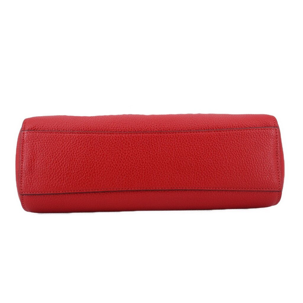 Red leather satchel base view with smooth finish and stitched edges