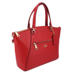 Red leather satchel with front zip pocket, gold-tone hardware, and shoulder strap