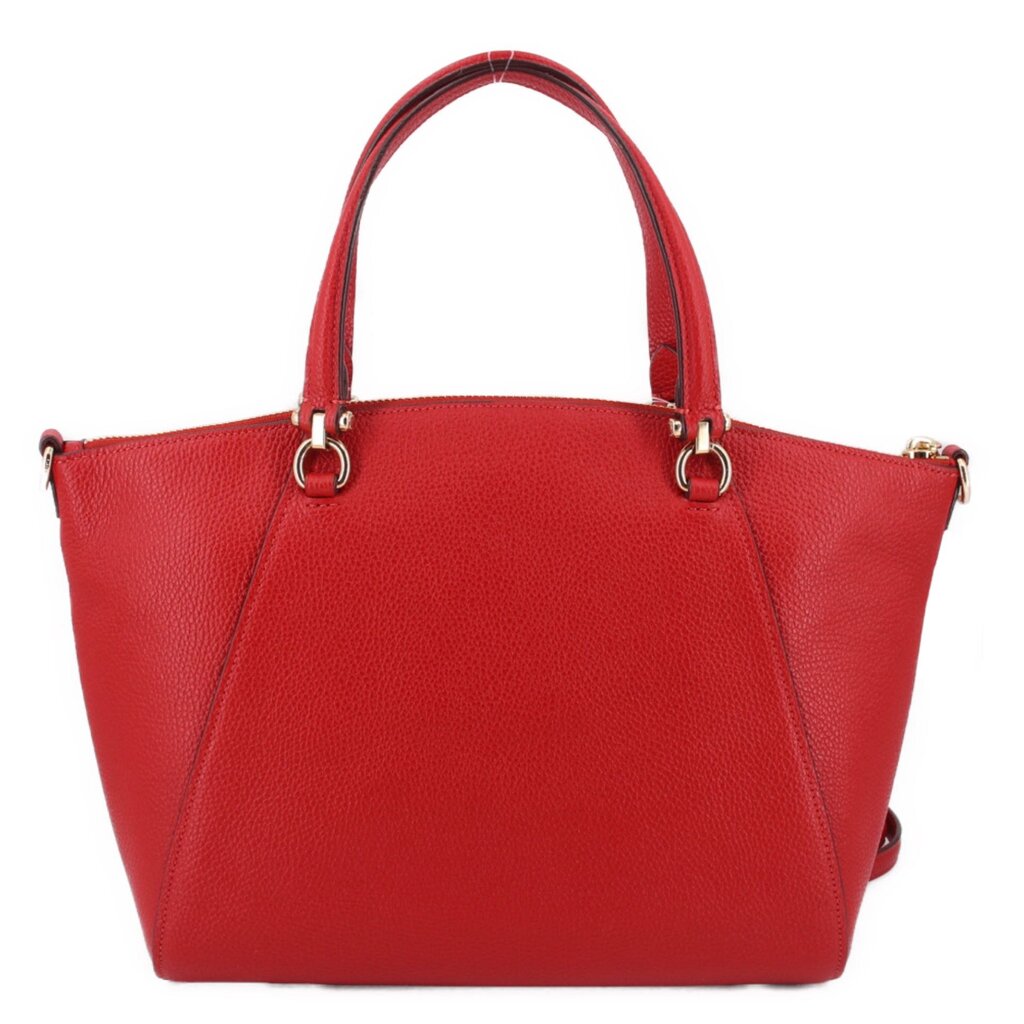 Red leather tote-style satchel with top handles and side zipper detailing