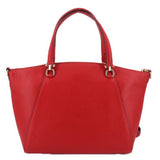 Red leather tote-style satchel with top handles and side zipper detailing