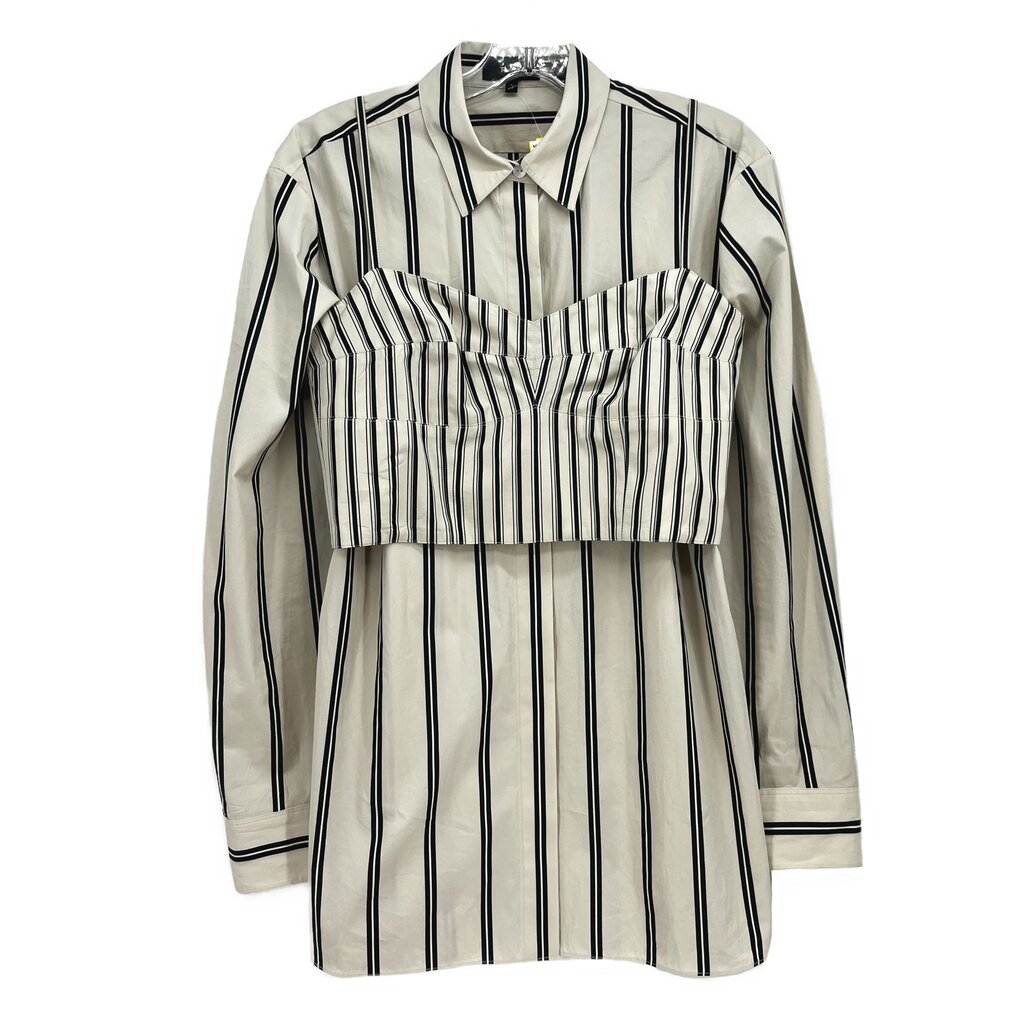 Beige and black vertical striped top with collar, long sleeves, button front
