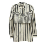 Beige and black vertical striped top with collar, long sleeves, button front