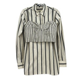 Beige and black vertical striped top with collar, long sleeves, button front