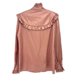 Saint Laurent satin blouse in salmon with back yoke ruffle and long sleeves