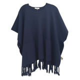 SUNCOO navy cape top with round neck, short sleeves, front pockets and fringe hem