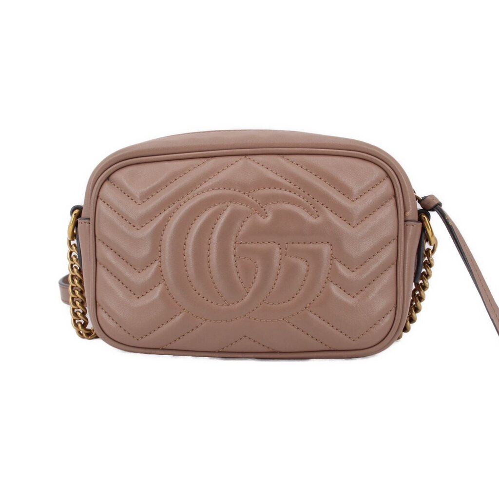 GUCCI mini Marmont taupe crossbody bag, front view with raised GG logo