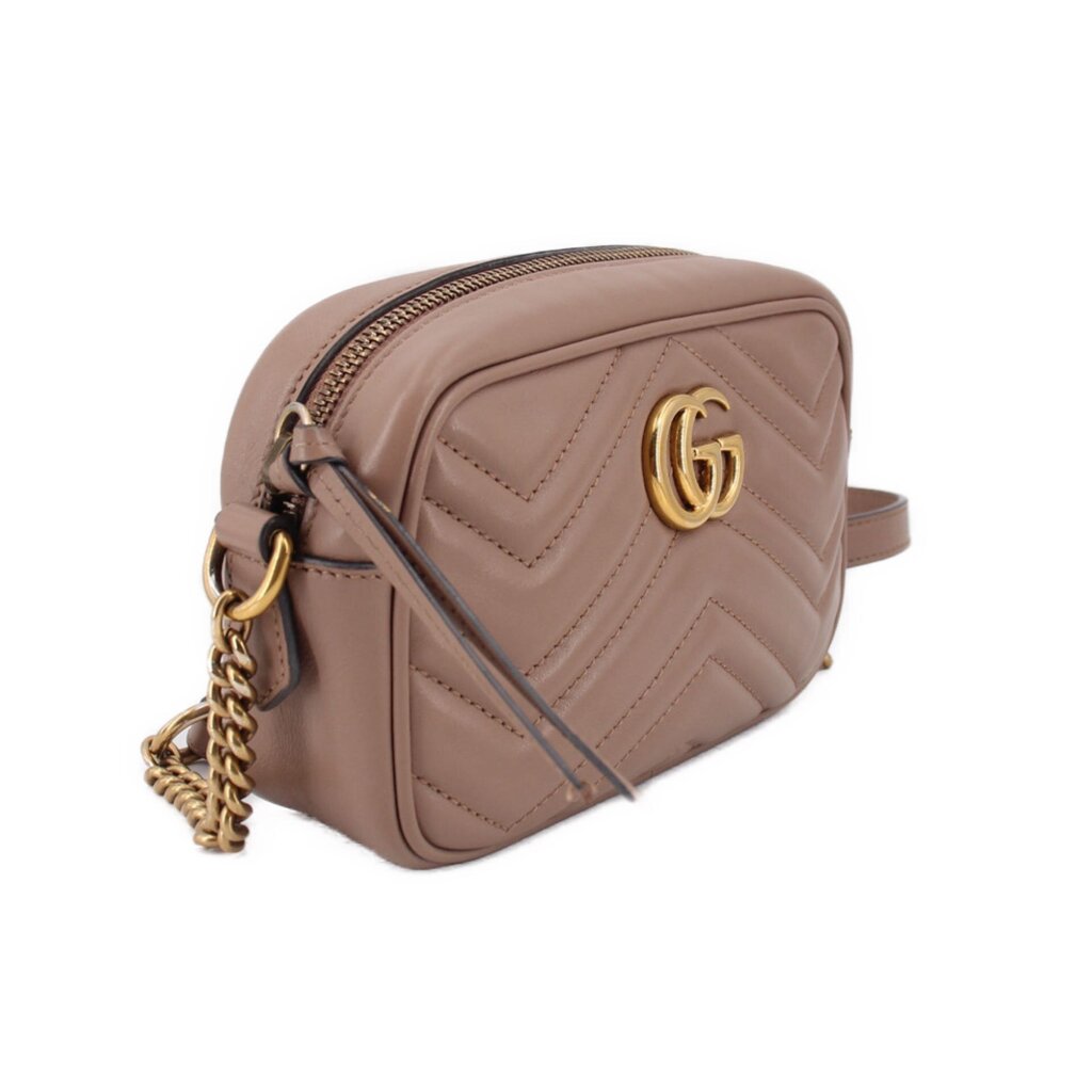 GUCCI mini Marmont taupe crossbody bag, side view with chain strap and zipper