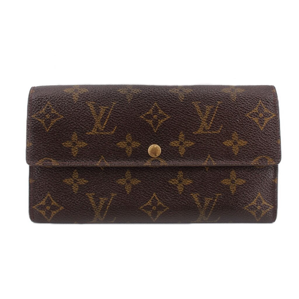 Monogram leather snap wallet with gold-tone button closure