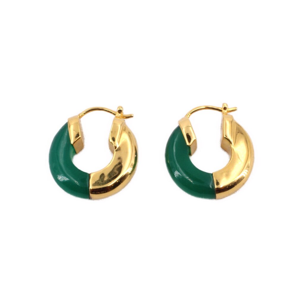 Green onyx half-moon hoop earrings in gold-tone hinged frames with post backs