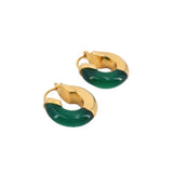 Small hoop earrings, gold-tone inside with green onyx half-moon panel