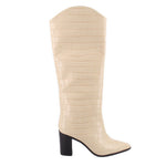 SCHUTZ cream heeled boots, back view, crocodile-texture shaft and black block heel