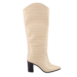 SCHUTZ cream heeled boots, back view, crocodile-texture shaft and black block heel